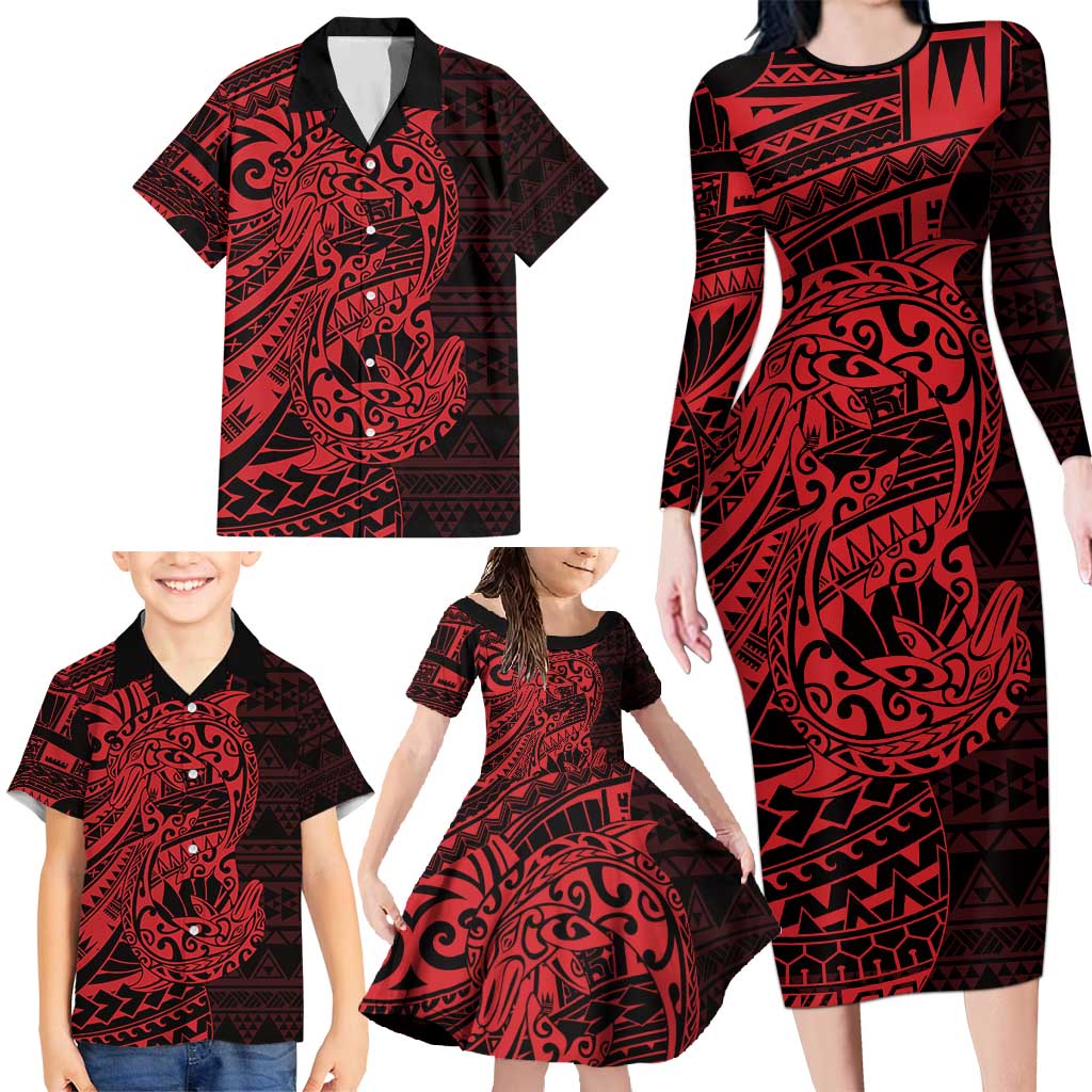 Red Couple Dolphins Maori Polynesian Style Family Matching Long Sleeve Bodycon Dress and Hawaiian Shirt LT9 - Polynesian Pride