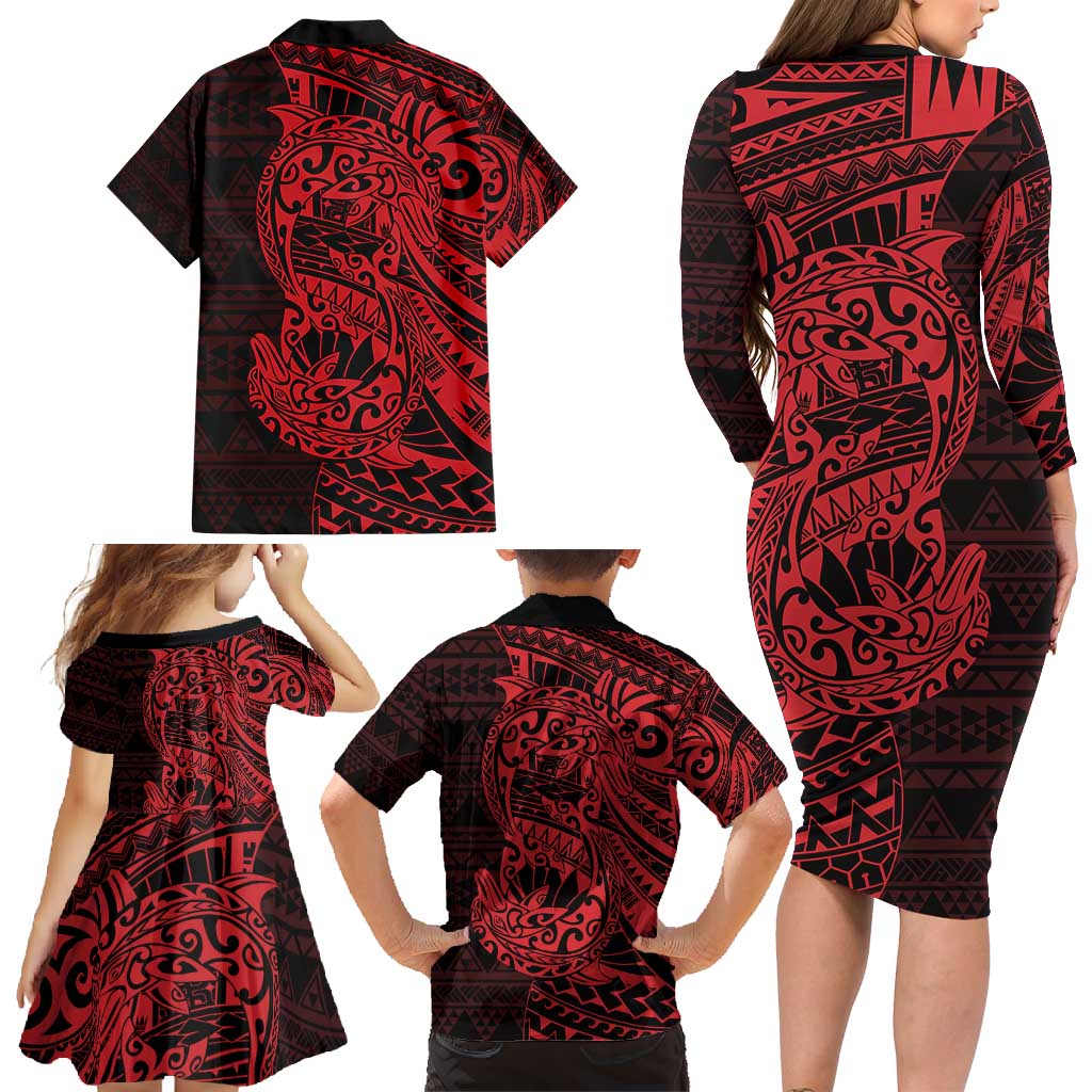 Red Couple Dolphins Maori Polynesian Style Family Matching Long Sleeve Bodycon Dress and Hawaiian Shirt LT9 - Polynesian Pride