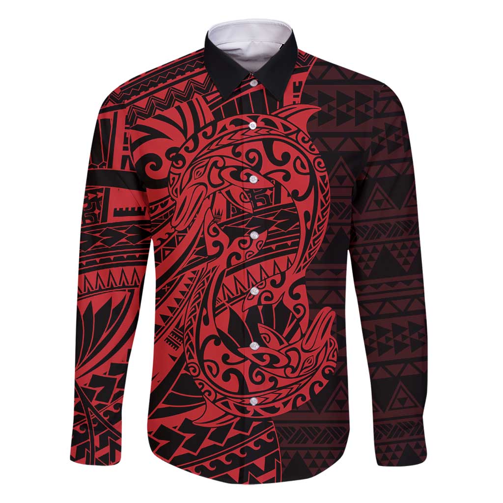 Red Couple Dolphins Maori Polynesian Style Family Matching Mermaid Dress and Hawaiian Shirt
