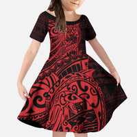 Red Couple Dolphins Maori Polynesian Style Family Matching Off Shoulder Maxi Dress and Hawaiian Shirt LT9 Daughter's Dress Red - Polynesian Pride
