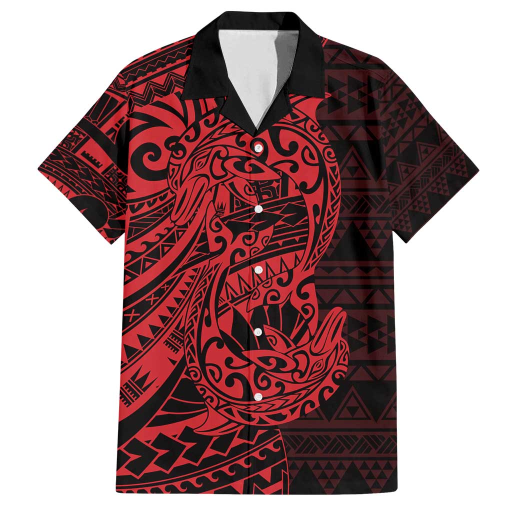 Red Couple Dolphins Maori Polynesian Style Family Matching Off Shoulder Maxi Dress and Hawaiian Shirt LT9 Dad's Shirt - Short Sleeve Red - Polynesian Pride