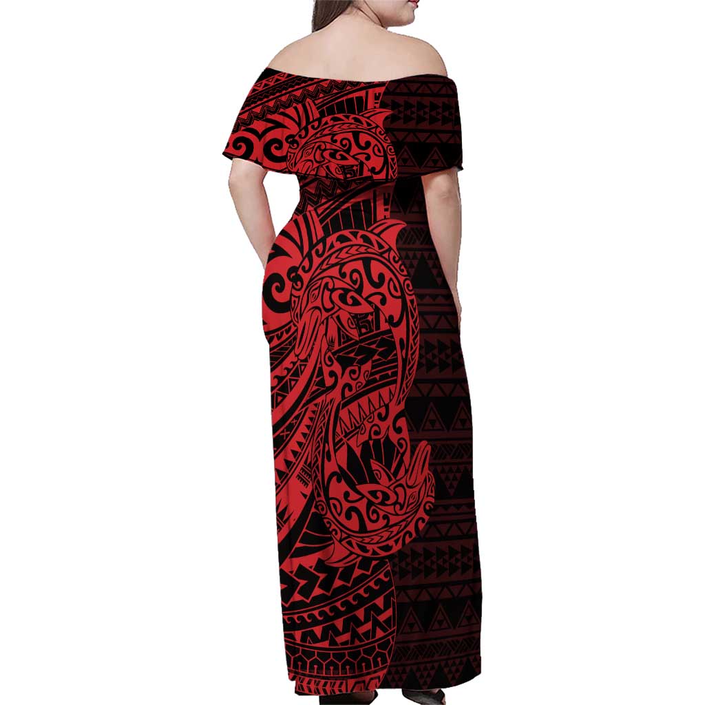 Red Couple Dolphins Maori Polynesian Style Family Matching Off Shoulder Maxi Dress and Hawaiian Shirt LT9 - Polynesian Pride