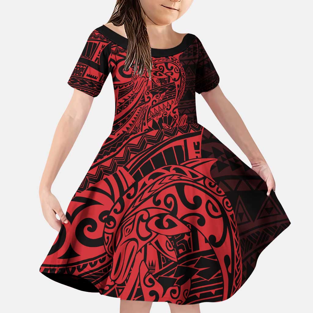 Red Couple Dolphins Maori Polynesian Style Family Matching Puletasi and Hawaiian Shirt LT9 Daughter's Dress Red - Polynesian Pride