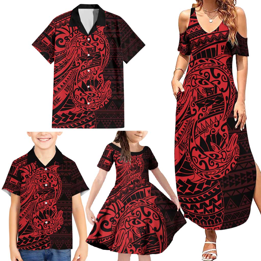Red Couple Dolphins Maori Polynesian Style Family Matching Summer Maxi Dress and Hawaiian Shirt LT9 - Polynesian Pride
