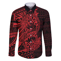Red Couple Dolphins Maori Polynesian Style Family Matching Summer Maxi Dress and Hawaiian Shirt LT9 Dad's Shirt - Long Sleeve Red - Polynesian Pride