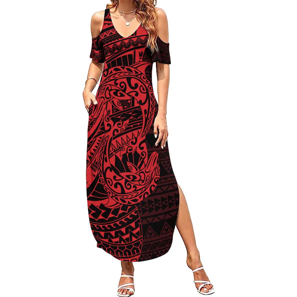 Red Couple Dolphins Maori Polynesian Style Family Matching Summer Maxi Dress and Hawaiian Shirt LT9 Mom's Dress Red - Polynesian Pride