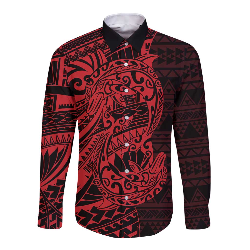 Red Couple Dolphins Maori Polynesian Style Long Sleeve Button Shirt LT9 Unisex Red - Polynesian Pride