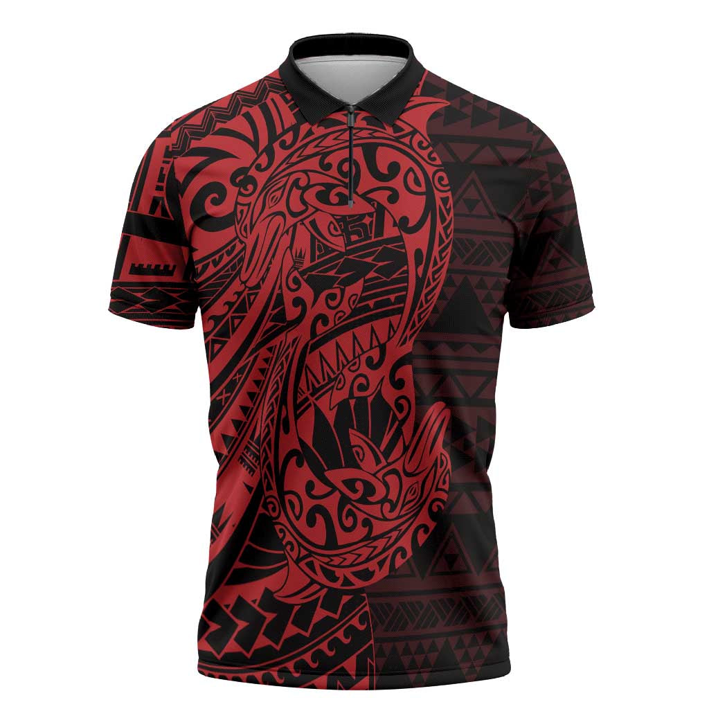 Red Couple Dolphins Maori Polynesian Style Zipper Polo Shirt - Polynesian Pride