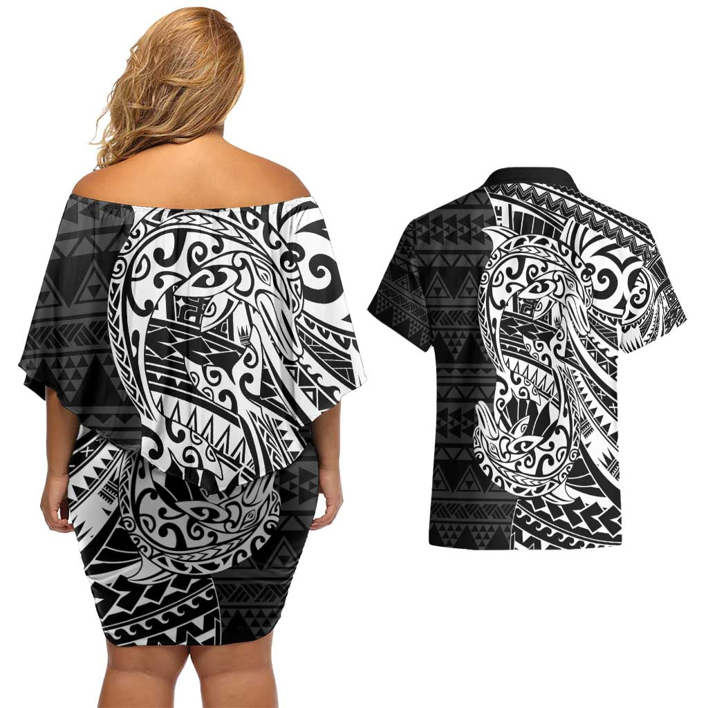 White Couple Dolphins Maori Polynesian Style Couples Matching Off Shoulder Short Dress and Hawaiian Shirt LT9 - Polynesian Pride