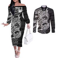 White Couple Dolphins Maori Polynesian Style Couples Matching Off The Shoulder Long Sleeve Dress and Long Sleeve Button Shirt LT9 White - Polynesian Pride