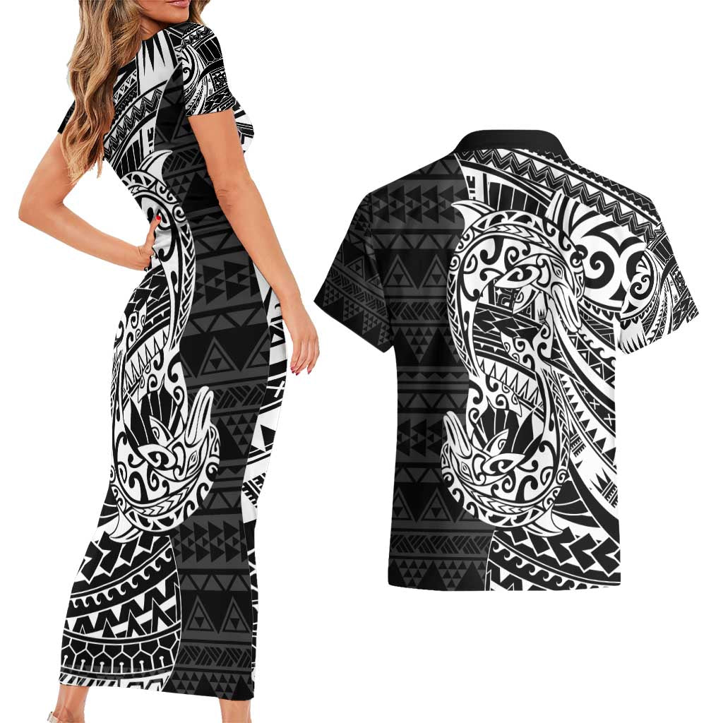 White Couple Dolphins Maori Polynesian Style Couples Matching Short Sleeve Bodycon Dress and Hawaiian Shirt LT9 - Polynesian Pride