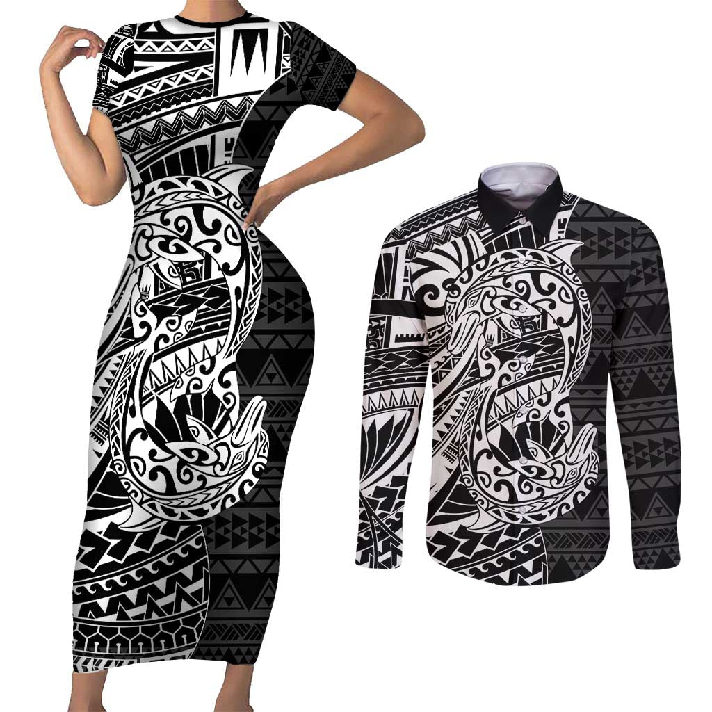 White Couple Dolphins Maori Polynesian Style Couples Matching Short Sleeve Bodycon Dress and Long Sleeve Button Shirt LT9 White - Polynesian Pride