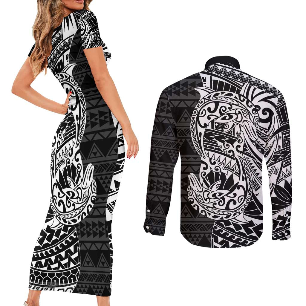 White Couple Dolphins Maori Polynesian Style Couples Matching Short Sleeve Bodycon Dress and Long Sleeve Button Shirt LT9 - Polynesian Pride