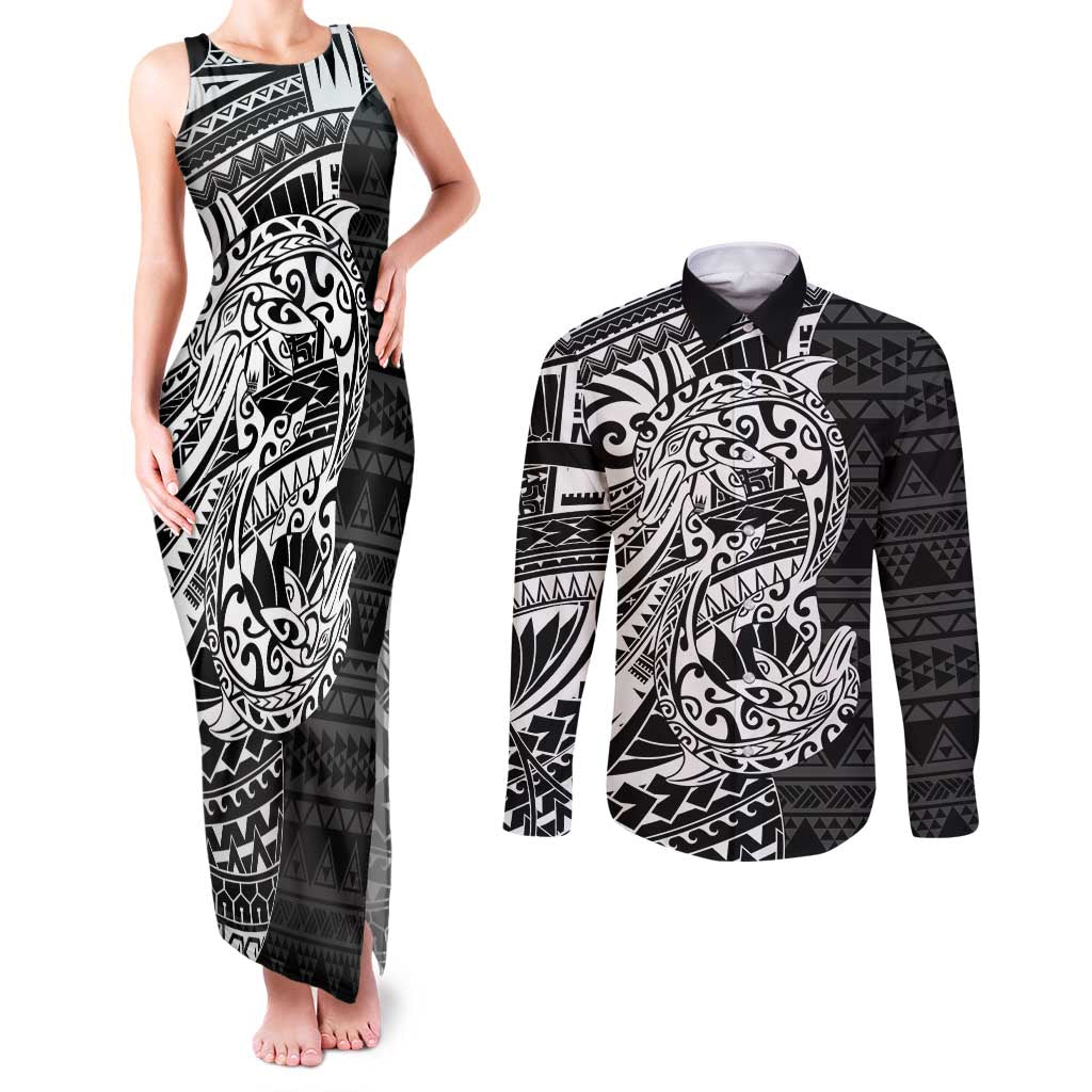 White Couple Dolphins Maori Polynesian Style Couples Matching Tank Maxi Dress and Long Sleeve Button Shirt LT9 White - Polynesian Pride
