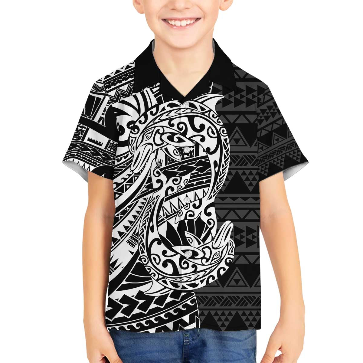 White Couple Dolphins Maori Polynesian Style Family Matching Off The Shoulder Long Sleeve Dress and Hawaiian Shirt