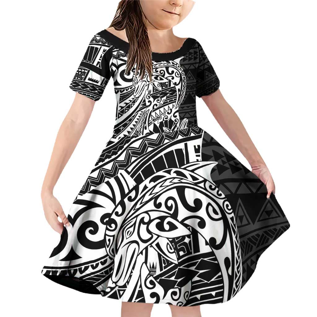 White Couple Dolphins Maori Polynesian Style Family Matching Off Shoulder Short Dress and Hawaiian Shirt LT9 Daughter's Dress White - Polynesian Pride