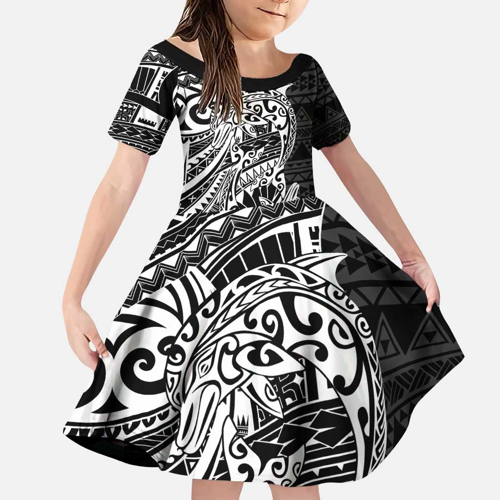 White Couple Dolphins Maori Polynesian Style Family Matching Puletasi and Hawaiian Shirt LT9 Daughter's Dress White - Polynesian Pride
