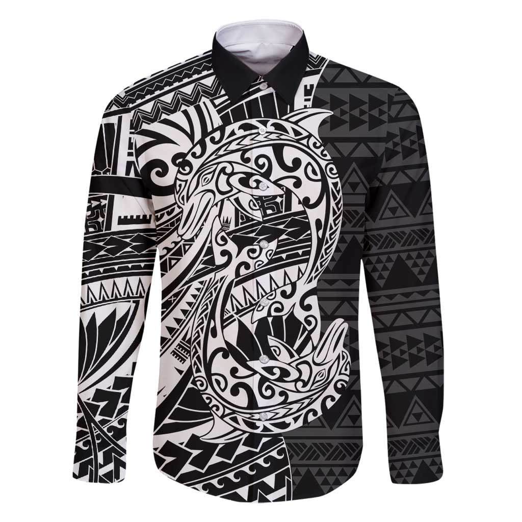 White Couple Dolphins Maori Polynesian Style Family Matching Summer Maxi Dress and Hawaiian Shirt LT9 Dad's Shirt - Long Sleeve White - Polynesian Pride