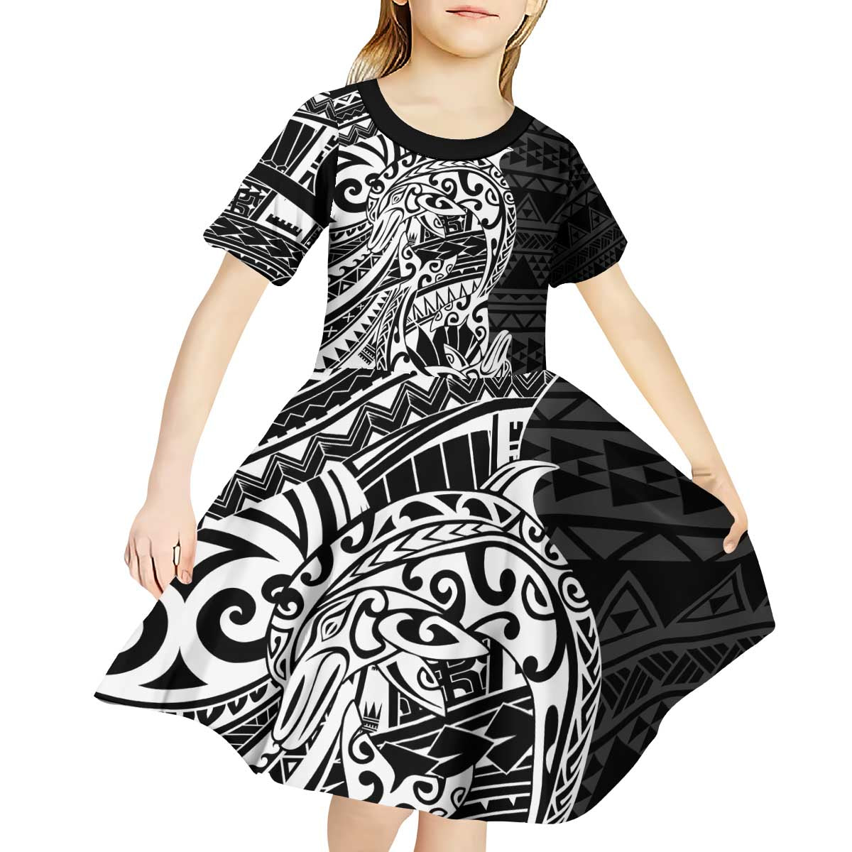 White Couple Dolphins Maori Polynesian Style Kid Short Sleeve Dress