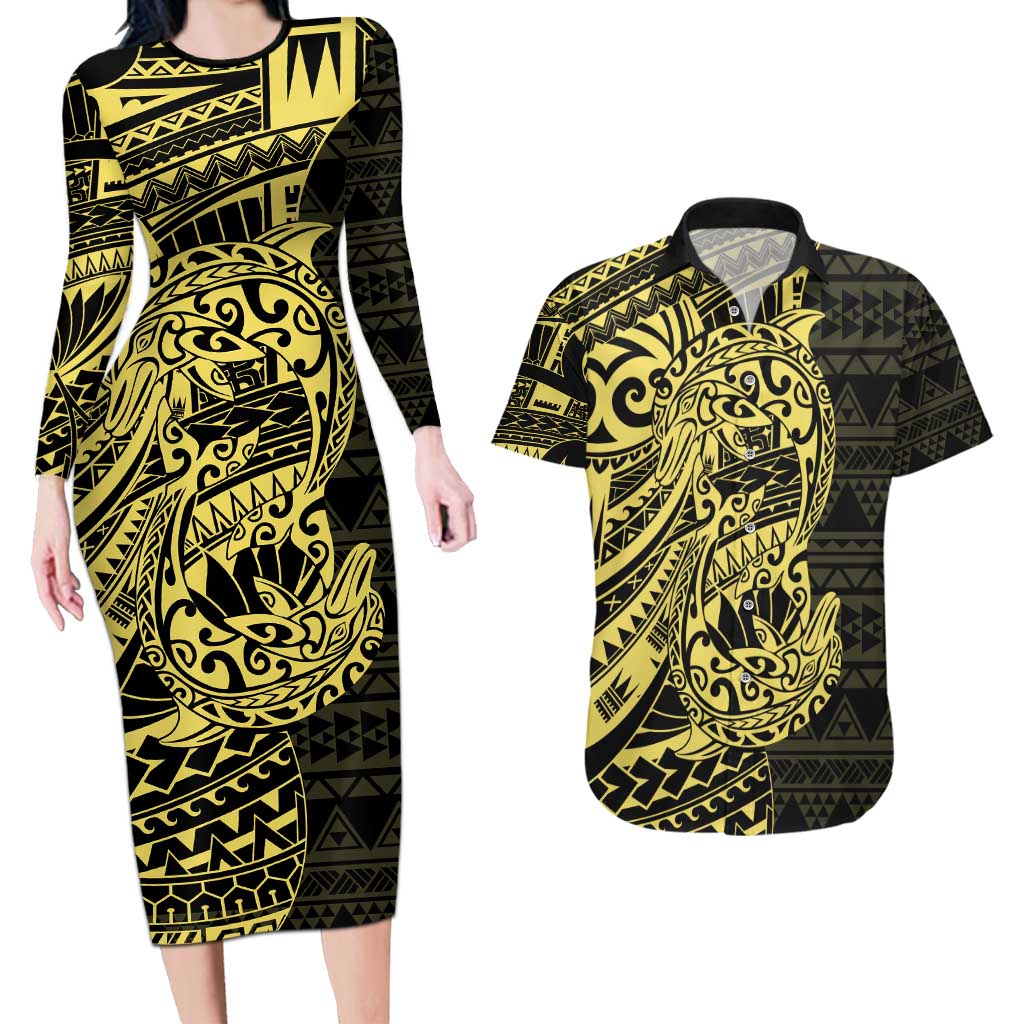 Yellow Couple Dolphins Maori Polynesian Style Couples Matching Long Sleeve Bodycon Dress and Hawaiian Shirt LT9 Yellow - Polynesian Pride