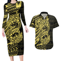 Yellow Couple Dolphins Maori Polynesian Style Couples Matching Long Sleeve Bodycon Dress and Hawaiian Shirt LT9 Yellow - Polynesian Pride