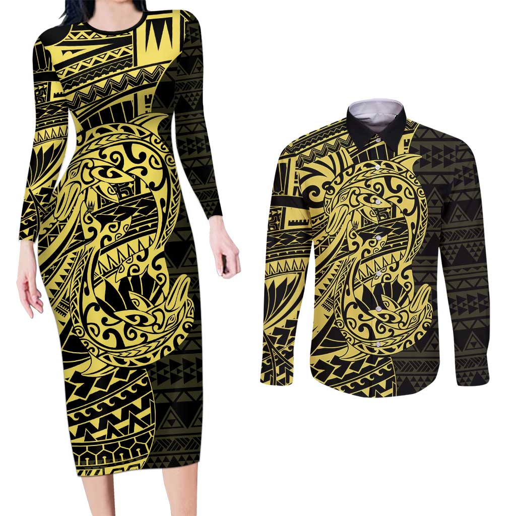 Yellow Couple Dolphins Maori Polynesian Style Couples Matching Long Sleeve Bodycon Dress and Long Sleeve Button Shirt LT9 Yellow - Polynesian Pride