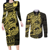 Yellow Couple Dolphins Maori Polynesian Style Couples Matching Long Sleeve Bodycon Dress and Long Sleeve Button Shirt LT9 Yellow - Polynesian Pride
