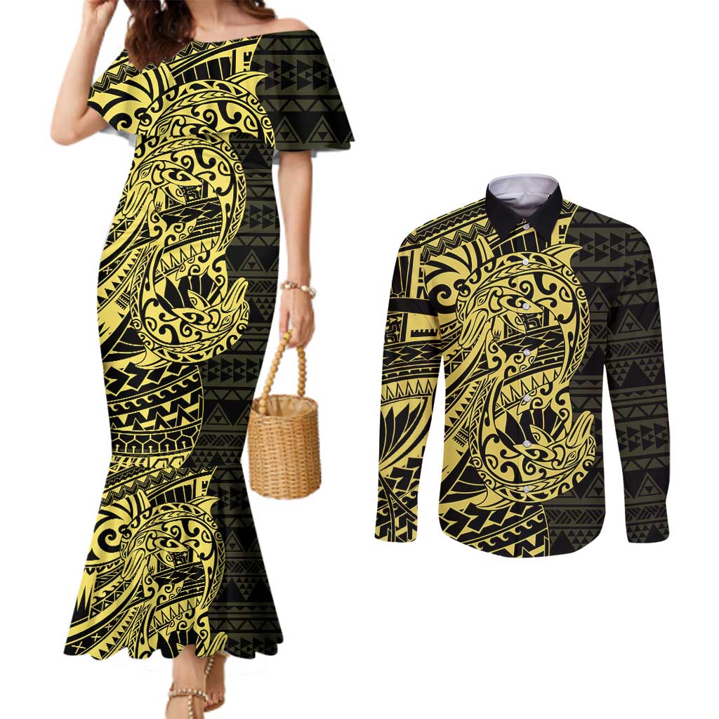 Yellow Couple Dolphins Maori Polynesian Style Couples Matching Mermaid Dress and Long Sleeve Button Shirt LT9 Yellow - Polynesian Pride