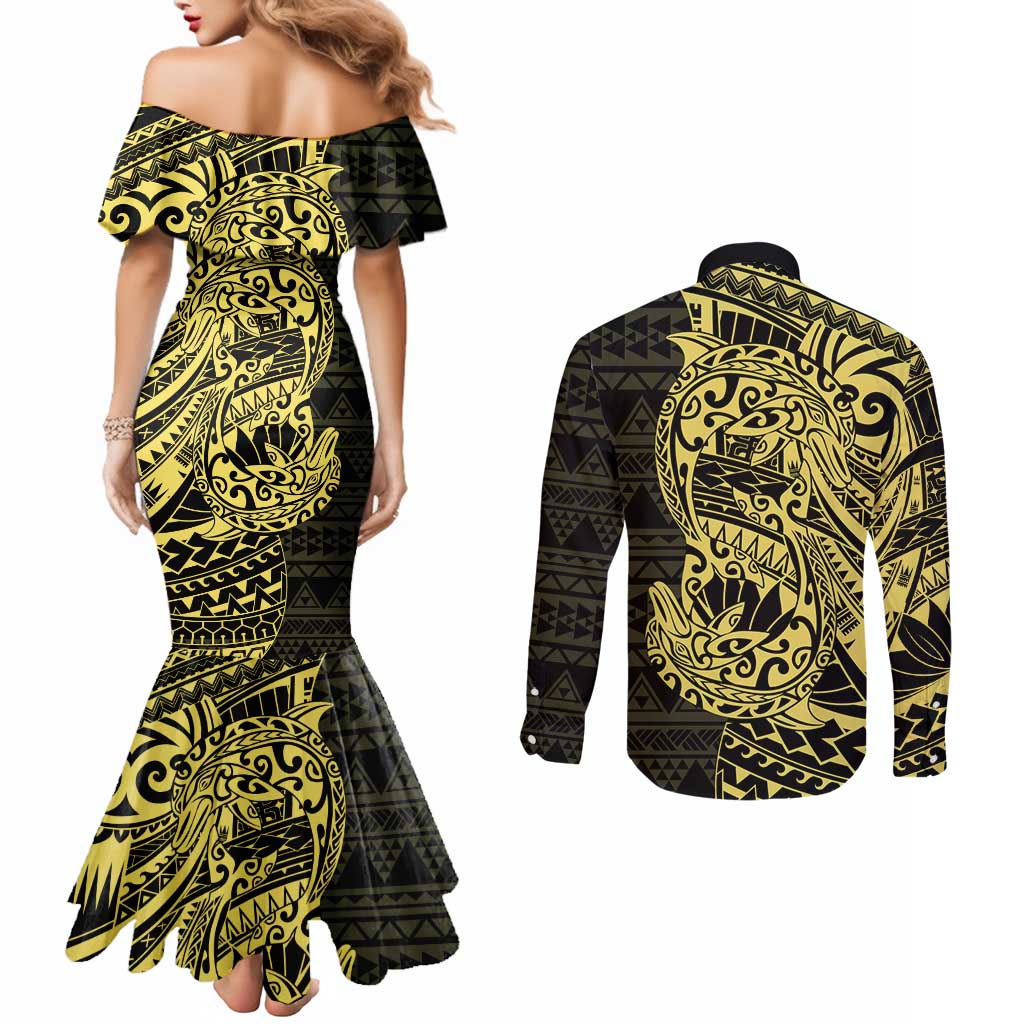 Yellow Couple Dolphins Maori Polynesian Style Couples Matching Mermaid Dress and Long Sleeve Button Shirt LT9 - Polynesian Pride