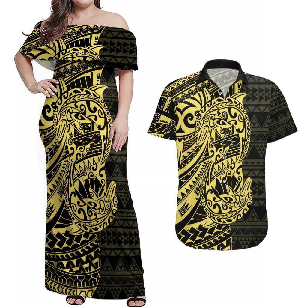 Yellow Couple Dolphins Maori Polynesian Style Couples Matching Off Shoulder Maxi Dress and Hawaiian Shirt LT9 Yellow - Polynesian Pride