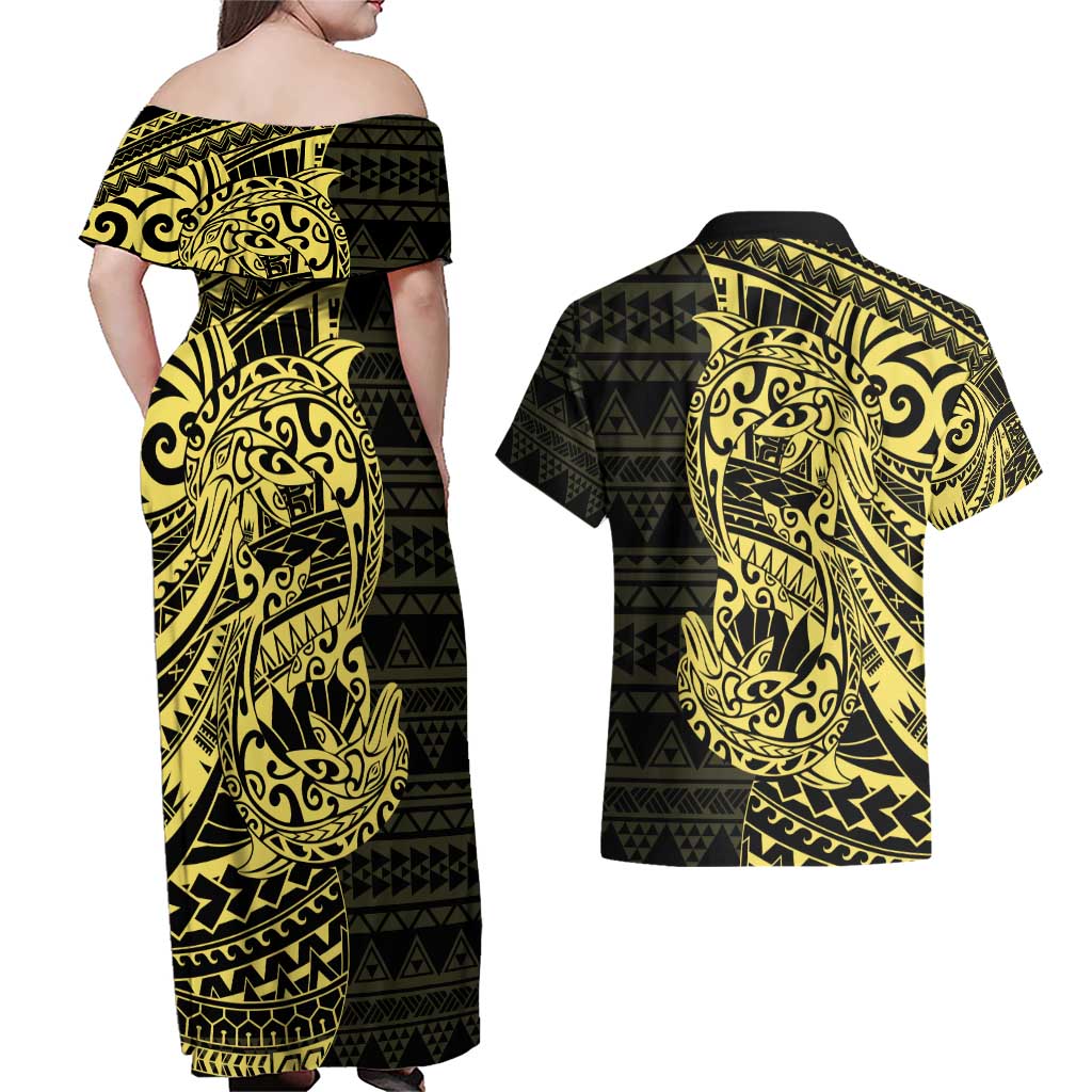 Yellow Couple Dolphins Maori Polynesian Style Couples Matching Off Shoulder Maxi Dress and Hawaiian Shirt LT9 - Polynesian Pride