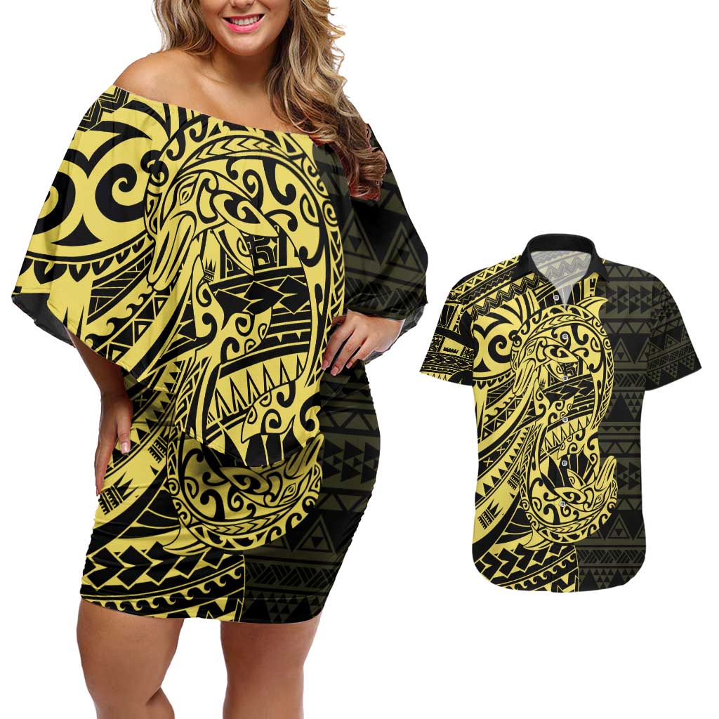 Yellow Couple Dolphins Maori Polynesian Style Couples Matching Off Shoulder Short Dress and Hawaiian Shirt LT9 Yellow - Polynesian Pride