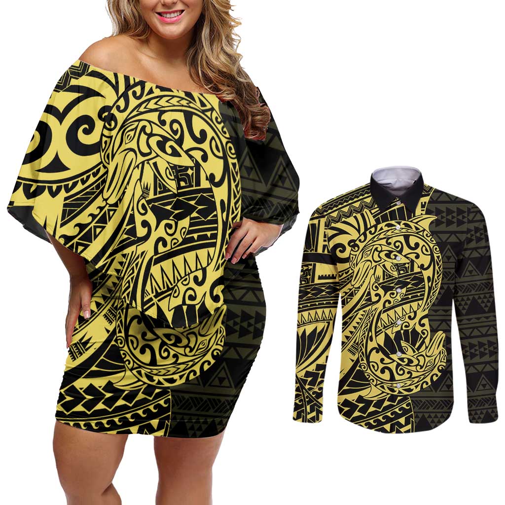 Yellow Couple Dolphins Maori Polynesian Style Couples Matching Off Shoulder Short Dress and Long Sleeve Button Shirt LT9 Yellow - Polynesian Pride