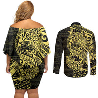 Yellow Couple Dolphins Maori Polynesian Style Couples Matching Off Shoulder Short Dress and Long Sleeve Button Shirt