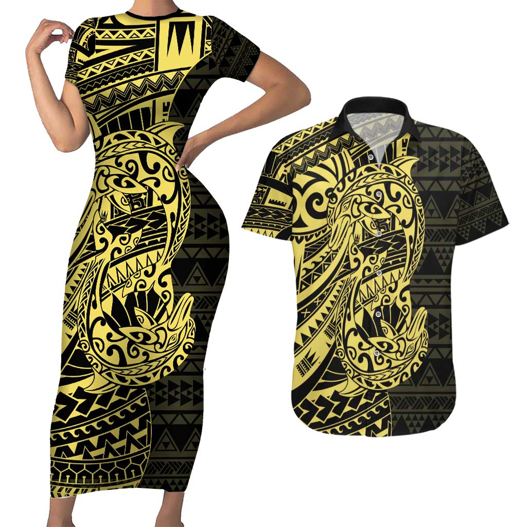 Yellow Couple Dolphins Maori Polynesian Style Couples Matching Short Sleeve Bodycon Dress and Hawaiian Shirt LT9 Yellow - Polynesian Pride