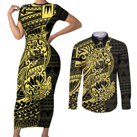 Yellow Couple Dolphins Maori Polynesian Style Couples Matching Short Sleeve Bodycon Dress and Long Sleeve Button Shirt LT9 Yellow - Polynesian Pride