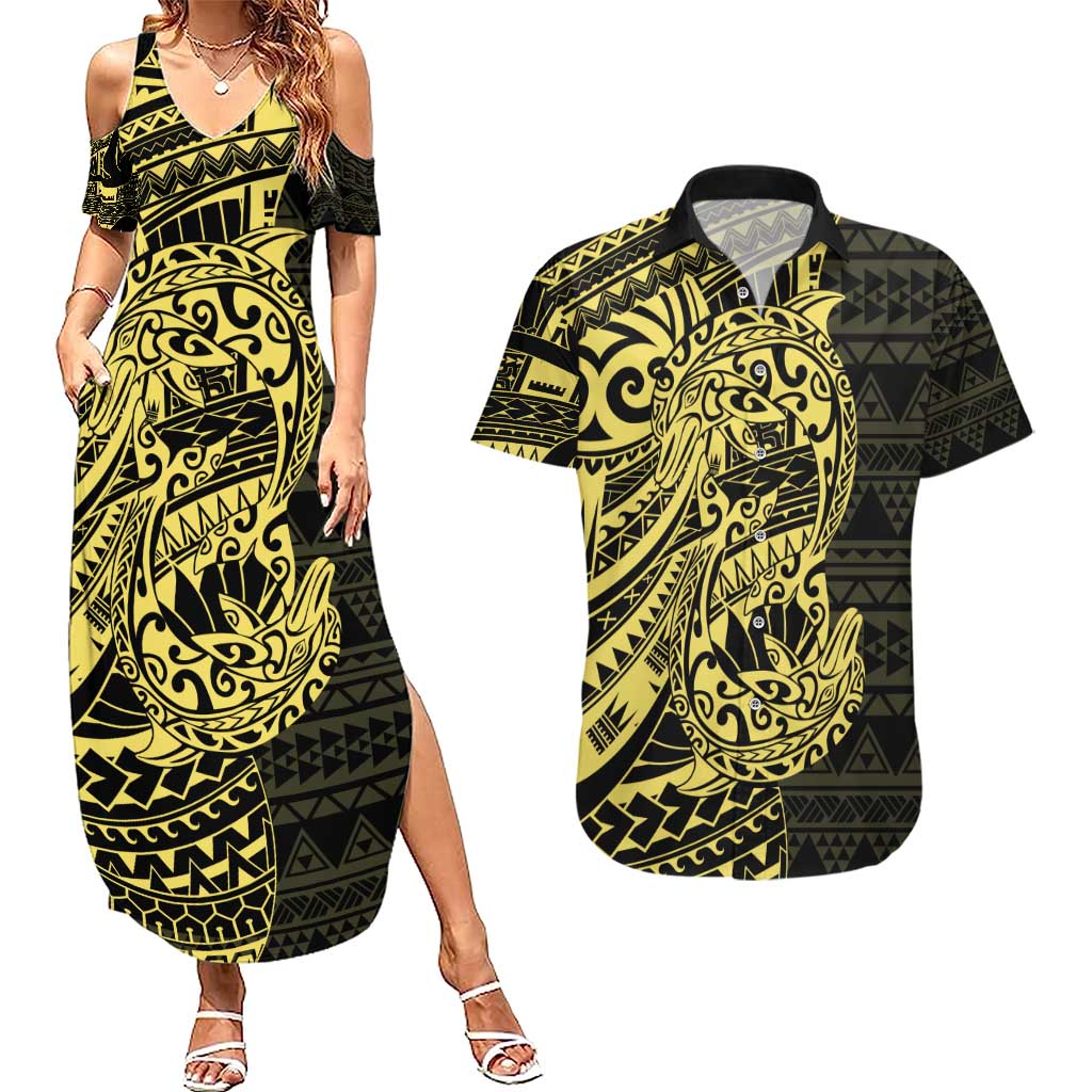 Yellow Couple Dolphins Maori Polynesian Style Couples Matching Summer Maxi Dress and Hawaiian Shirt LT9 Yellow - Polynesian Pride