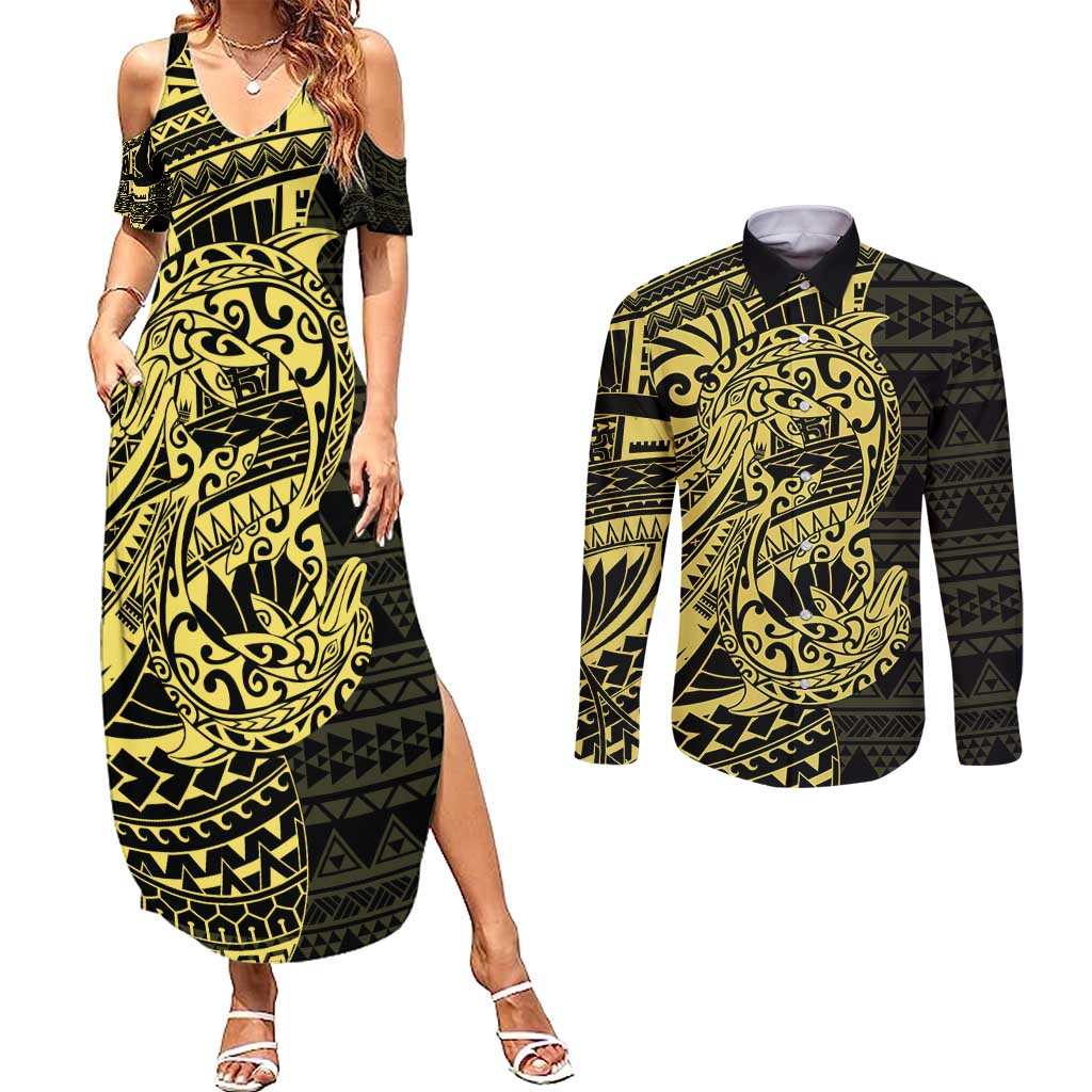 Yellow Couple Dolphins Maori Polynesian Style Couples Matching Summer Maxi Dress and Long Sleeve Button Shirt LT9 Yellow - Polynesian Pride