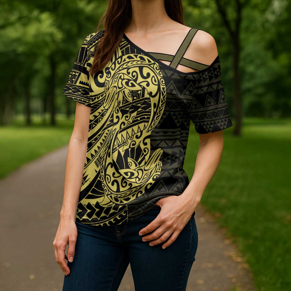 Yellow Couple Dolphins Maori Polynesian Style Cross Shoulder Shirt - Polynesian Pride