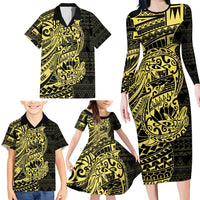 Yellow Couple Dolphins Maori Polynesian Style Family Matching Long Sleeve Bodycon Dress and Hawaiian Shirt LT9 - Polynesian Pride