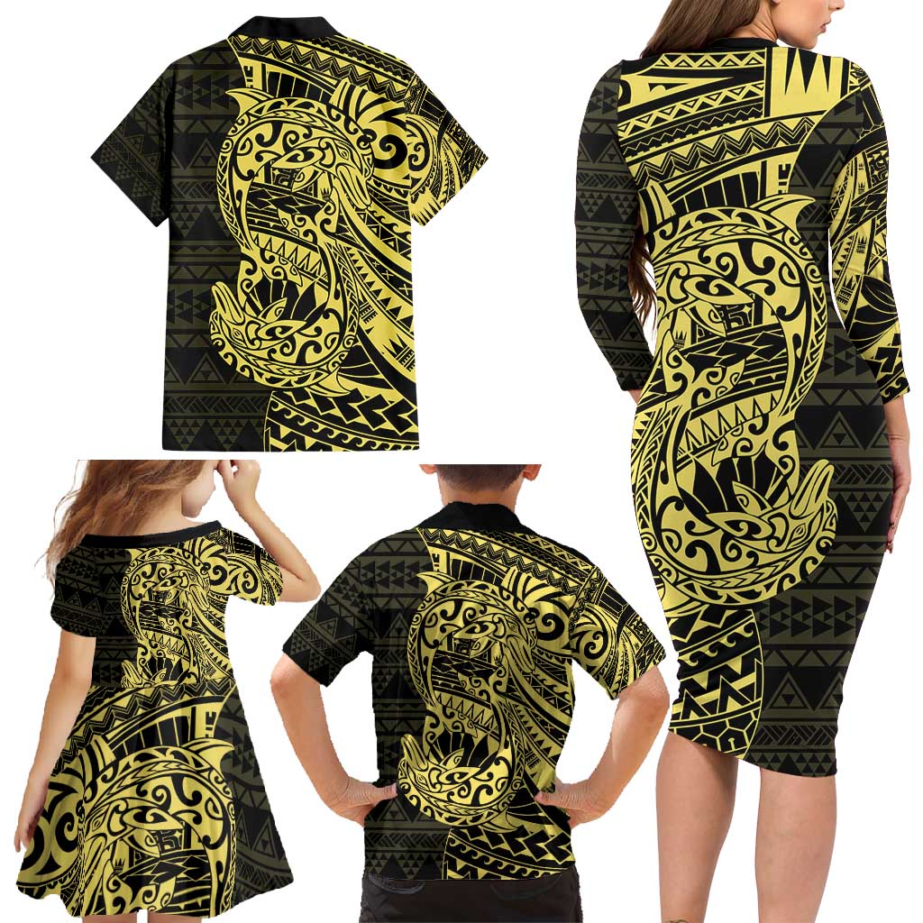 Yellow Couple Dolphins Maori Polynesian Style Family Matching Long Sleeve Bodycon Dress and Hawaiian Shirt LT9 - Polynesian Pride