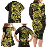 Yellow Couple Dolphins Maori Polynesian Style Family Matching Long Sleeve Bodycon Dress and Hawaiian Shirt LT9 - Polynesian Pride
