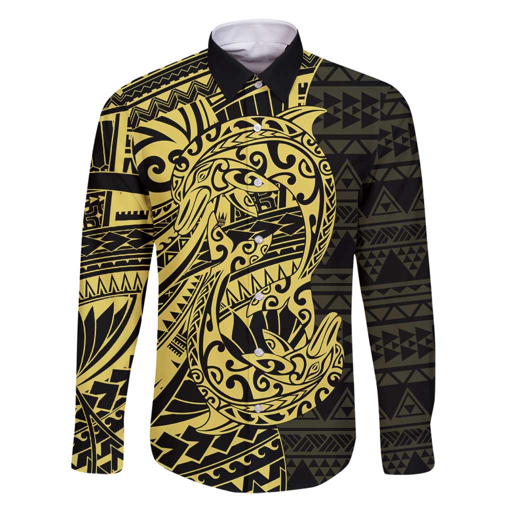 Yellow Couple Dolphins Maori Polynesian Style Family Matching Long Sleeve Bodycon Dress and Hawaiian Shirt LT9 Dad's Shirt - Long Sleeve Yellow - Polynesian Pride