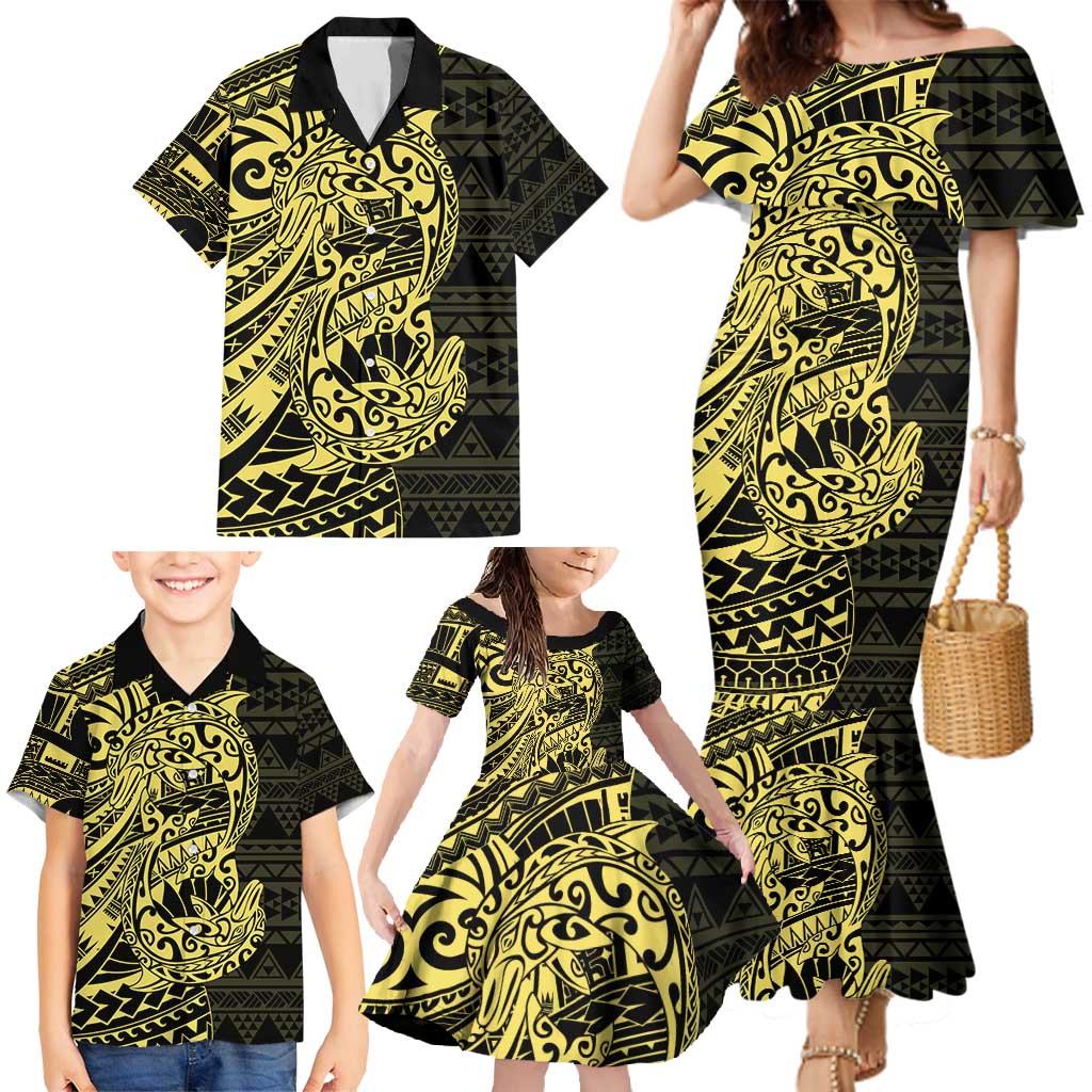 Yellow Couple Dolphins Maori Polynesian Style Family Matching Mermaid Dress and Hawaiian Shirt LT9 - Polynesian Pride