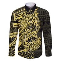 Yellow Couple Dolphins Maori Polynesian Style Family Matching Mermaid Dress and Hawaiian Shirt LT9 Dad's Shirt - Long Sleeve Yellow - Polynesian Pride