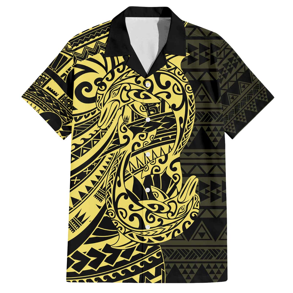 Yellow Couple Dolphins Maori Polynesian Style Family Matching Off The Shoulder Long Sleeve Dress and Hawaiian Shirt