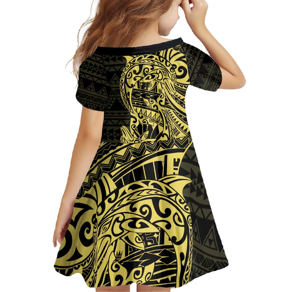 Yellow Couple Dolphins Maori Polynesian Style Family Matching Off Shoulder Maxi Dress and Hawaiian Shirt