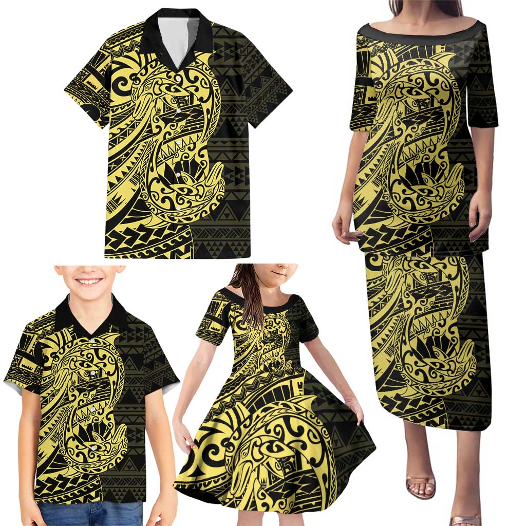 Yellow Couple Dolphins Maori Polynesian Style Family Matching Puletasi and Hawaiian Shirt LT9 - Polynesian Pride