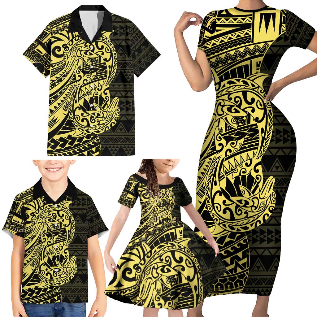 Yellow Couple Dolphins Maori Polynesian Style Family Matching Short Sleeve Bodycon Dress and Hawaiian Shirt LT9 - Polynesian Pride