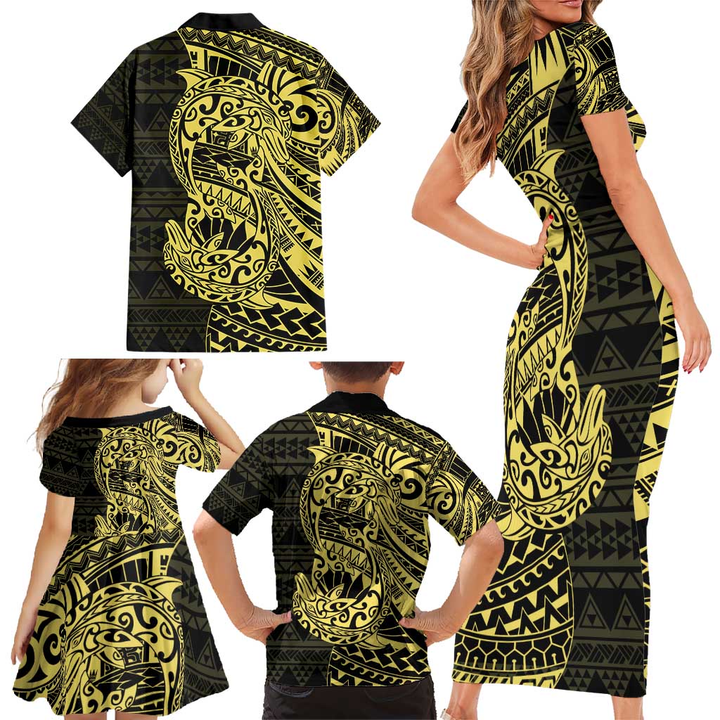 Yellow Couple Dolphins Maori Polynesian Style Family Matching Short Sleeve Bodycon Dress and Hawaiian Shirt LT9 - Polynesian Pride